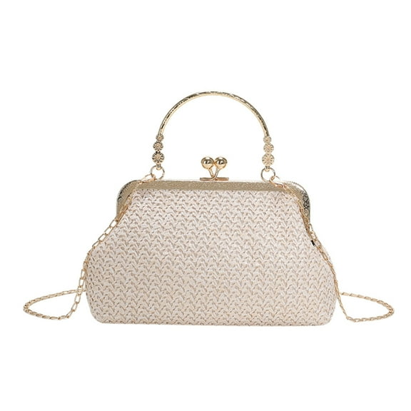 Chain Women Evening Bag Weaving Ladies Clutch Purse for Wedding Party (Beige)