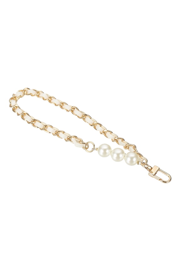 Chain Wristlet Strap, 8" Pearl Leather Chain Wrist Lanyard Hand Strap Replacement with Metal Buckles for DIY Keychain Purse Wallet Clutch Bags Handbag Phone Case, Gold-White