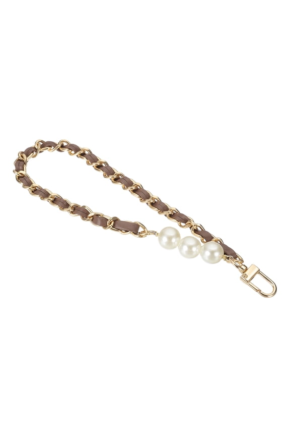 Chain Wristlet Strap, 8" Pearl Leather Chain Wrist Lanyard Hand Strap Replacement with Metal Buckles for DIY Keychain Purse Wallet Clutch Bags Handbag Phone Case, Gold-Brown