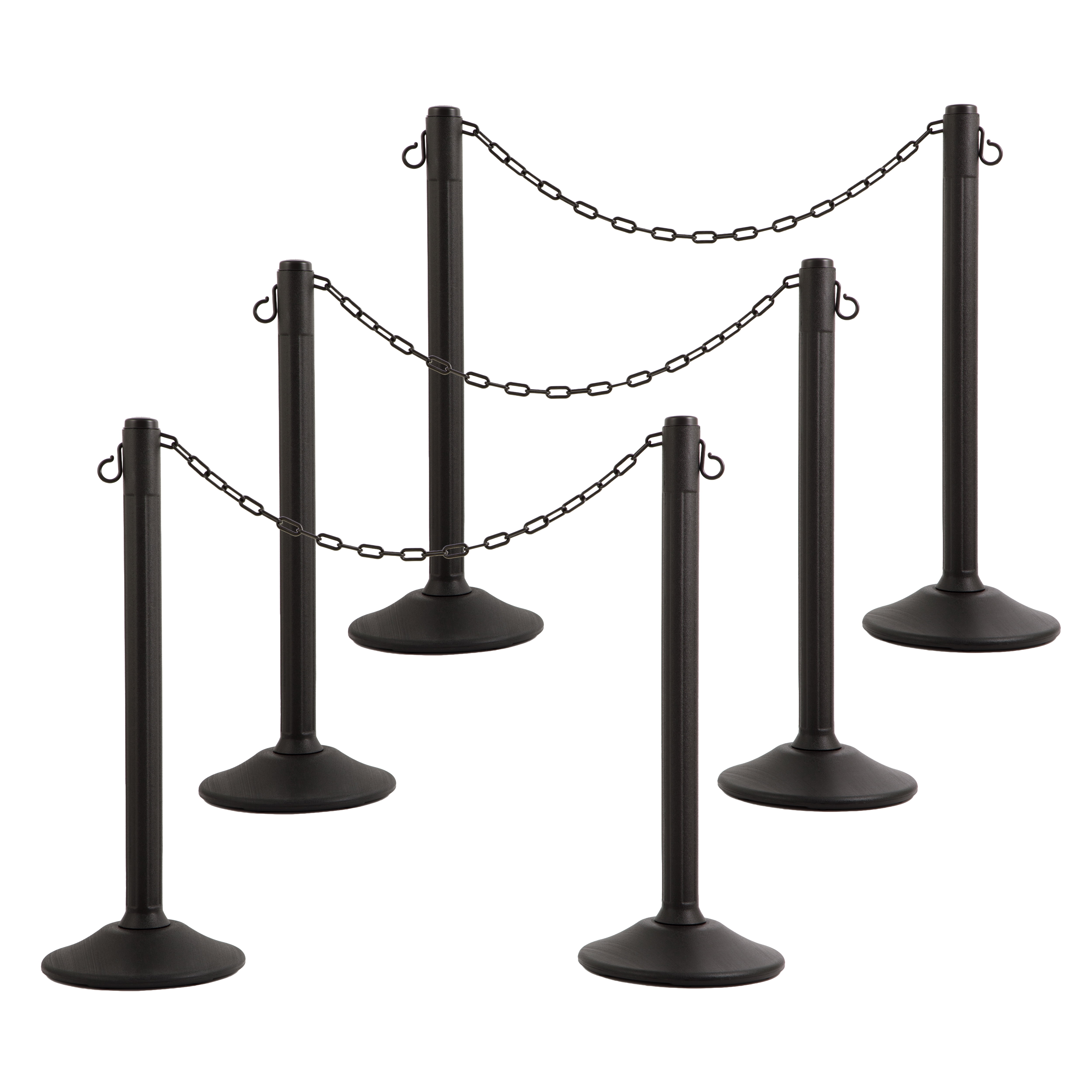 ChainBoss Heavy Duty Fillable Black Plastic Stanchions Crowd Control Barriers With 10' of Black Plastic Chain Kit (6-Pack)