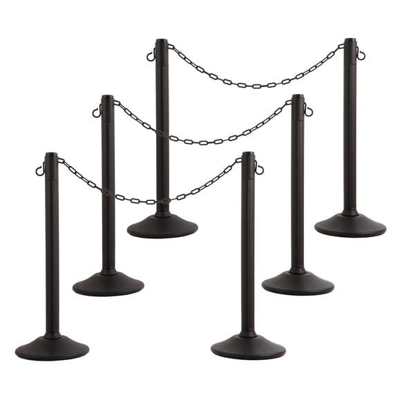 ChainBoss Heavy Duty Fillable Black Plastic Stanchions Crowd Control Barriers With 10' of Black Plastic Chain Kit (6-Pack)