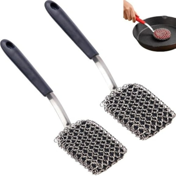 Chainmail Grill Scrubber, 3-in-1 Chainmail Grill Cleaner, Chain Mail Scrubber Cast Iron, Bristle Free Dual Function Heavy Duty Brush, Stainless Steel Steam Cleaner for Clean Pan Pot Skillet Griddle
