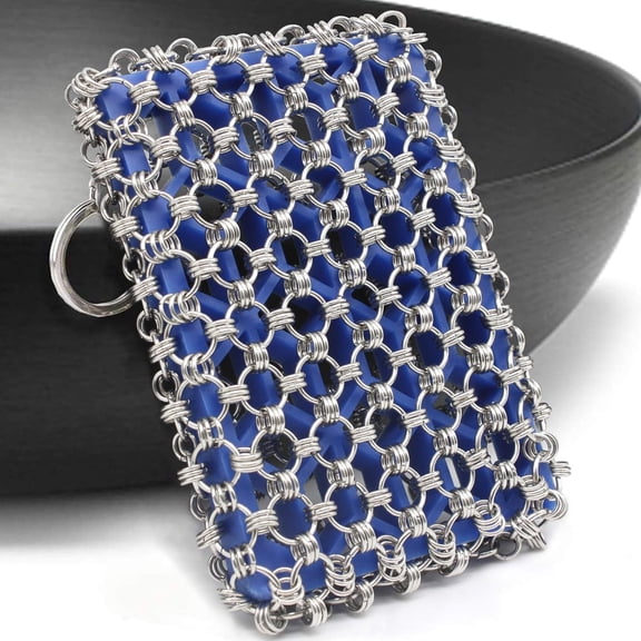 Chainmail Scrubber, Premium 316 Stainless Steel Upgraded Cast Iron Skillet Cleaner Set with Silicone Insert, for Cast Iron Pan, Cookware BBQ Tools, Griddle, Baking Pan, Dishwasher Safe (Blue)