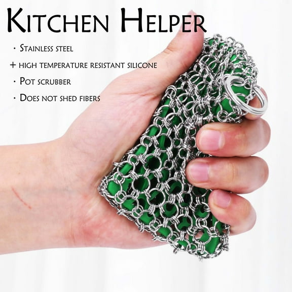 Stainless Steel Chainmail Scrubber for Cast Iron & Cookware – Heavy-Duty Cleaning Brush with Hanging Loop