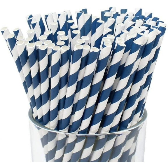 Chainplus 100 Biodegradable Paper Straws - Durable & Eco-Friendly in Stripes Straws - Navy Drinking Straws & Party Decoration Supplies