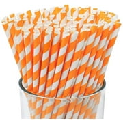 Chainplus 100 Biodegradable Paper Straws - Durable & Eco-Friendly in Stripes Straws - Orange Drinking Straws & Party Decoration Supplies