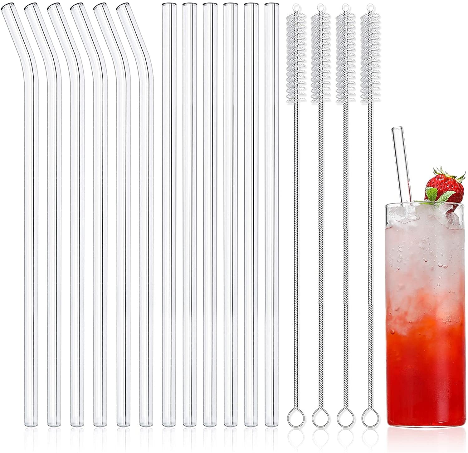 Four Inch Straw Chainplus 12PCS Glass Drinking Straws, Straight 8 inches x 8mm Bent 8 ...
