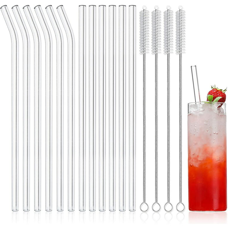 Chainplus 12PCS Glass Drinking Straws, Straight 8 inches x 8mm Bent 8 inches  x 8mm, Reusable Clear Glass Straw for Hot or Cold Drinks, Eco Friendly,  Cleaning Brushes Included 