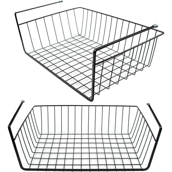 Chainplus 2 Pack Under Shelf Wire Basket Hanging Storage Baskets, Under Cabinet Add-on Storage Racks Slide-in Baskets Organizer for Kitchen Pantry Desk Bookshelf - White