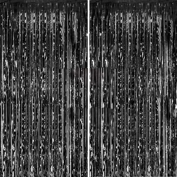 Chainplus 2PCS 3ft x 8ft Black Metallic Tinsel Foil Fringe Curtains Photo Booth Props for Birthday Wedding Engagement Bridal Shower Baby Shower Bachelorette Holiday Celebration Party Decorations