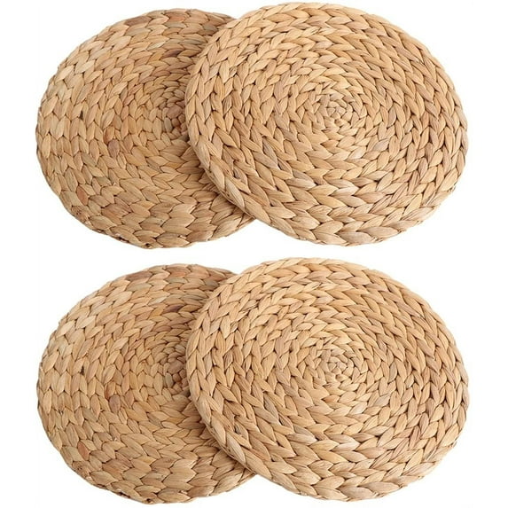 Chainplus 4 Pack Woven Placemats, 12” Round Water Hyacinth Weave Placemat Braided Rattan Tablemats for Dining Table (Natural)