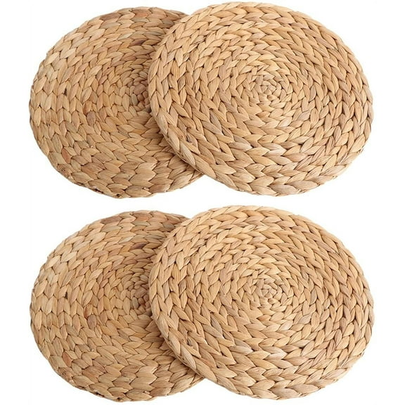 Chainplus 4 Pack Woven Placemats, 13” Round Water Hyacinth Weave Placemat Braided Rattan Tablemats for Dining Table (Natural)