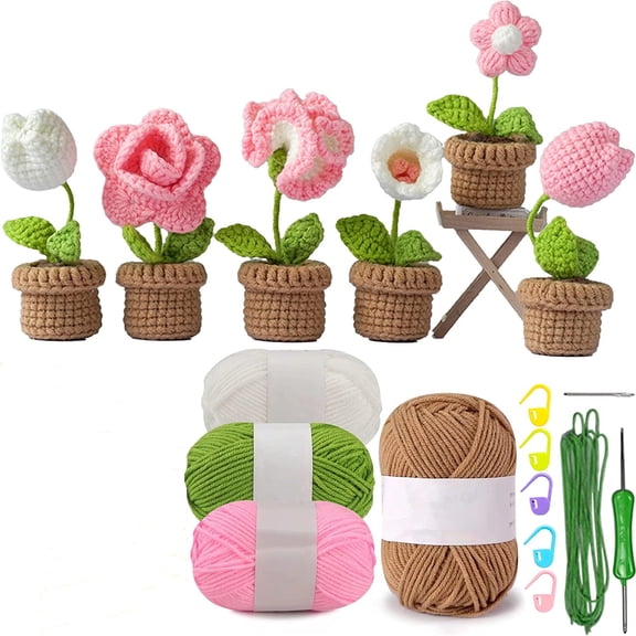 Chainplus Crochet Kit for Beginners, 6 Pcs Potted Flowers DIY Kit for Adults and Kids, Crochet Starter Knitting Kit for Complete Beginners,Pink