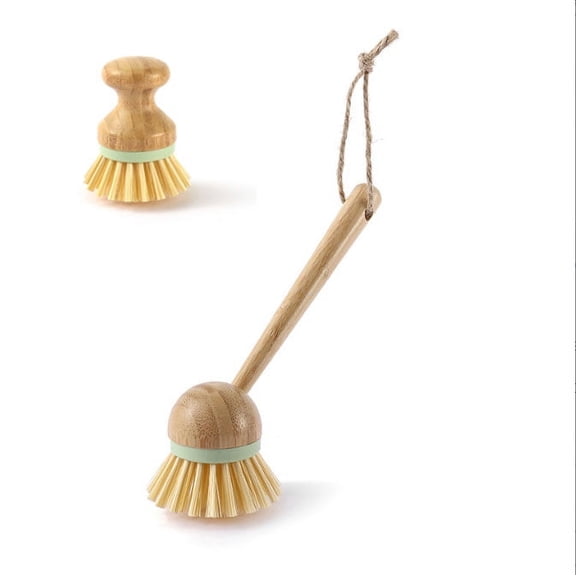 Chainplus Set of 2 Dish Scrub Brushes Bamboo Handle Wooden Cleaning Scrubbers Brushes Stiff Bristles for Washing Kitchen Cast Iron Pan Pot Dish Vegetables Sink Wet Scrubber Brush