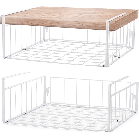 Triani 2Pcs Under Cabinet Organizer Shelf Wire Rack Hanging Storage Baskets for Kitchen Pantry, White