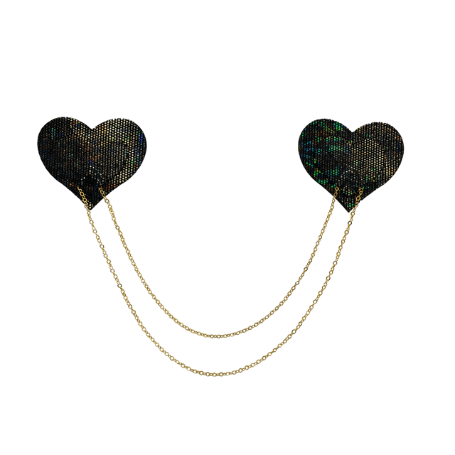 Chains: Black Shattered Disco Ball Heart with Gold Chains Nipple Pasties by Pastease®