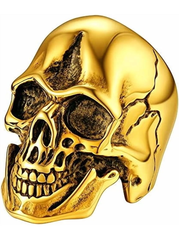 Gold Plated Rings for Men Gothic Skull Ring Non Tarnish Stainless Steel Rings Jewelry Gifts, Size7-14