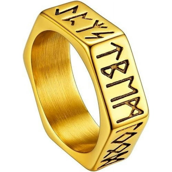 ChainsHouse Men's Vintage Viking Ring Norse Raven Runes Stainless Steel/Gold Plated/Black Birthday Christmas Valentines Unisex Jewelry Gift