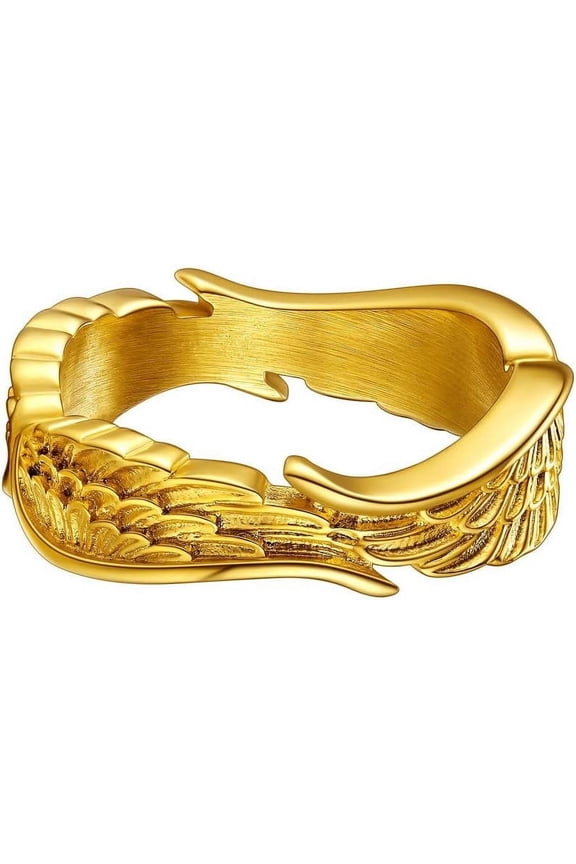18K Gold Plated Vintage Angel Wings Rings for Women Men Sturdy Feather Band Ring Jewelry Gift, Size 7-12(Box)