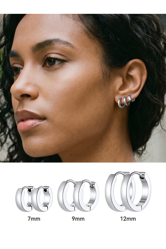Hypoallergenic Minimalist Stainless Steel Hoop Earrings, 7mm 9mm 12mm, 3 Pairs (Adult/Teen)