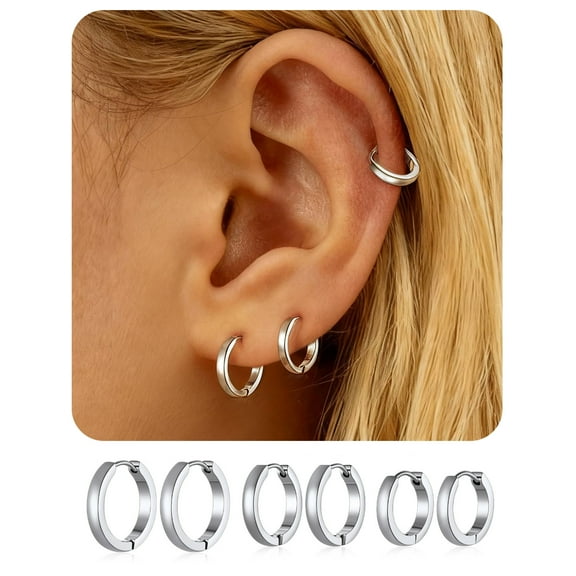 ChainsHouse Hypoallergenic Minimalist Stainless Steel Hoop Earrings, 7mm 9mm 12mm, 3 Pairs (Adult/Teen)