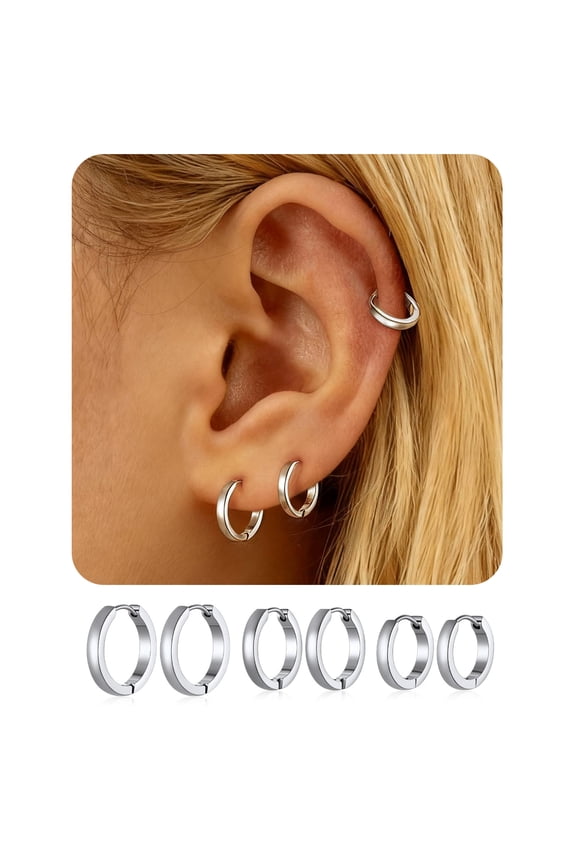 Hypoallergenic Minimalist Stainless Steel Hoop Earrings, 7mm 9mm 12mm, 3 Pairs (Adult/Teen)