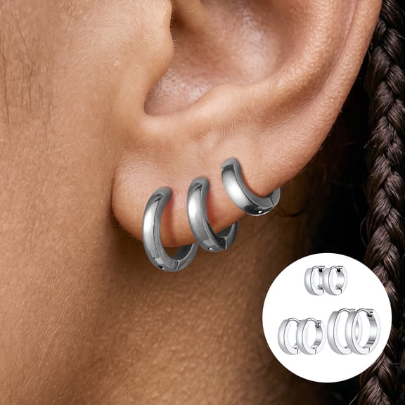 ChainsHouse 3 Pairs Hypoallergenic Minimalist Stainless Steel Hoop Earrings Jewerly Set for Women Men Christmas Birthday Gift(Adult/Teen)