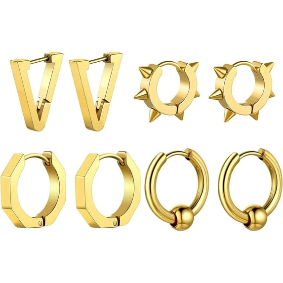 ChainsHouse 4 Pairs Gold Plated Hoop Earrings for Men Women Small Huggie Hoops Earring Set Stackable Cartilage Hypoallergenic Ear Jewelry Gift