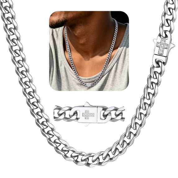ChainsHouse 6MM Mens Stainless Steel Cuban Link Chain 22 Inch Chunky Silver Chain Necklace with Cubic Zirconia Cross Clasp for Men Women Chain Jewelry Gift for Father's Day Christmas Stuffers