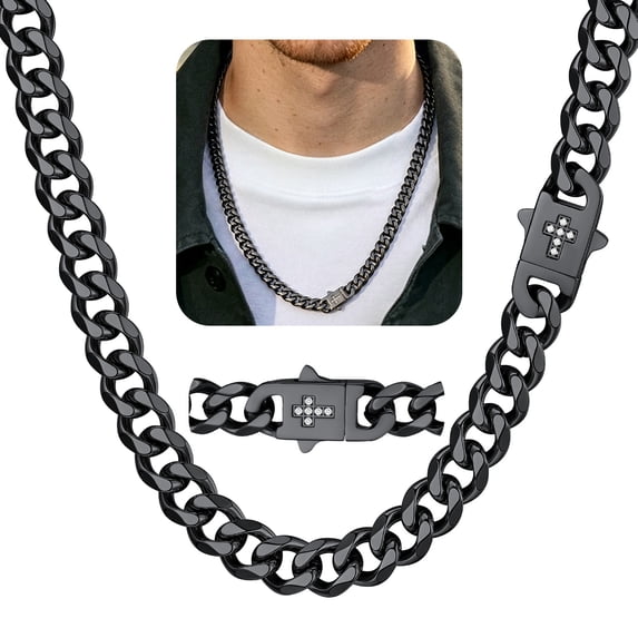 ChainsHouse 9MM Black Cuban Link Chain for Men Women 26 Inch Hip Hop Necklace with Shining Cross Clasp Chain Jewelry Gift for Father's Day Christmas