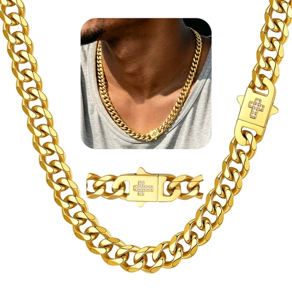 ChainsHouse 9MM Cuban Link Chain Necklace for Men Women 22 Inch 14K Gold Plated Chunky Chain with Sparkling Cross Clasp Necklace Jewelry Gift for Father's Day Valentines