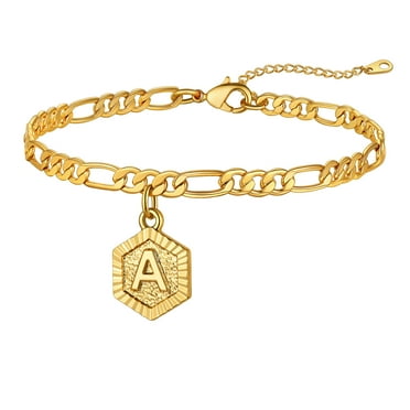 ChainsHouse Ankle Bracelets for Women Initial Anklet, Figaro Cuban Link Gold Plated Anklets Bracelet, Custom Name A-Z Initial, 22-27CM Adjustable, Send Gift Box