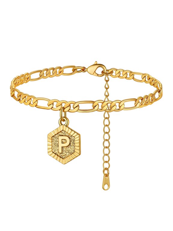 Gold Plated Figaro Cuban Link Anklet for Women, Custom Name Initial, 22-27CM Adjustable, Gift Box