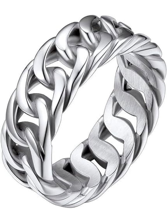 Stainless Steel Rings for Men Women Cuban Link 7mm Wide Silver/Black/Gold Plated Band Ring Birthday Christmas Jewelry Gift, Size 7-14
