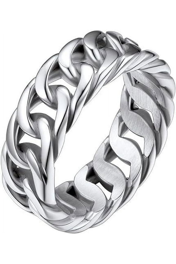 Stainless Steel Rings for Men Women Cuban Link 7mm Wide Silver/Black/Gold Plated Band Ring Birthday Christmas Jewelry Gift, Size 7-14