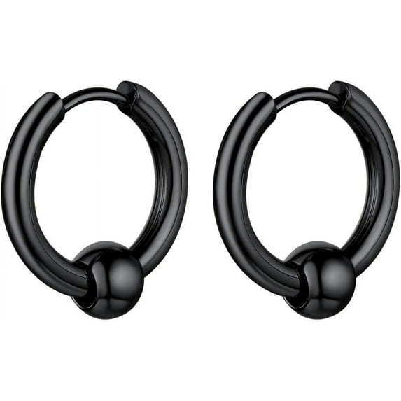 ChainsHouse Black Bead Hoop Earrings for Men Women Stainless Steel Hypoallergenic Punk Huggie Hoops Earring Jewelry Birthday Christmas Valentine's Gift