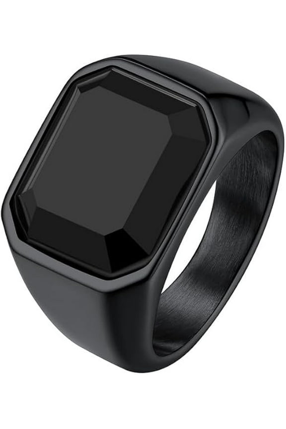 Black Rings for Men Black Onyx Stone Stainless Steel Band Ring Birthday Christmas Valentines Jewelry Gift, Size 07-14