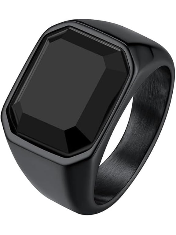 Black Rings for Men Black Onyx Stone Stainless Steel Band Ring Birthday Christmas Valentines Jewelry Gift, Size 07-14
