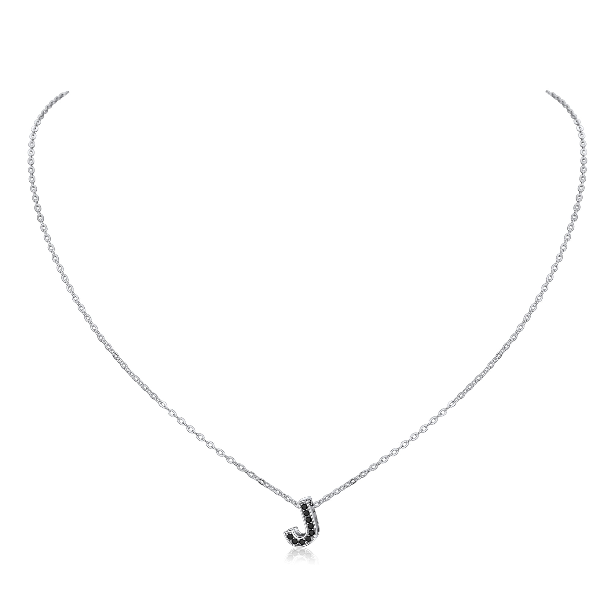 ChainsHouse Silver Initial Pendant Necklace for Women Black Cubic