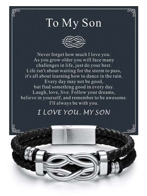 Braided Leather Bracelet for Men Teens Infinity Knot Bracelets with Message Card Love Link Cuff Birthday Graduation Jewelry Gift To My Son, 9 inch