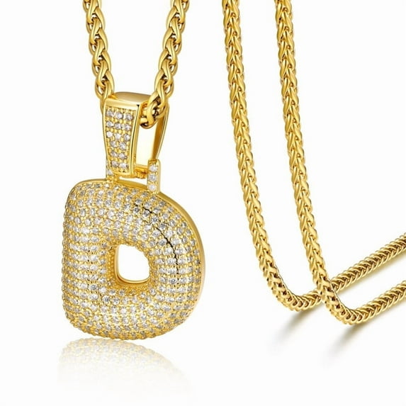 ChainsHouse 14K Gold Plated Initial Necklaces for Women Men Alphabet Bubble Pendant Necklace White Cubic Zirconia Birthday Christmas Anniversary Jewelry Gift, D