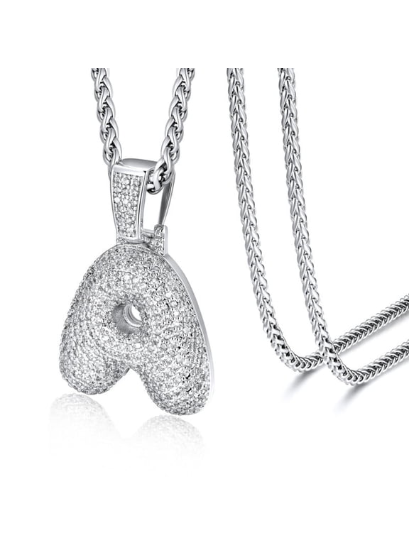 Silver Initial Necklaces for Women Men Alphabet Bubble Pendant Necklace White Cubic Zirconia Birthday Christmas Anniversary Jewelry Gift, A