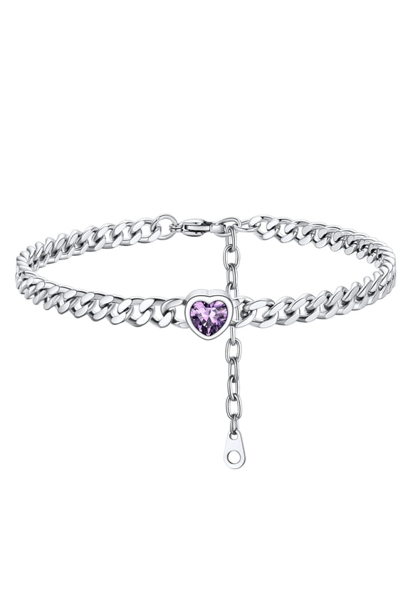 Heart Shaped Birthstone Ankle Bracelets for Women Silver Waterproof Anklets Stainless Steel Jewelry Gift, February