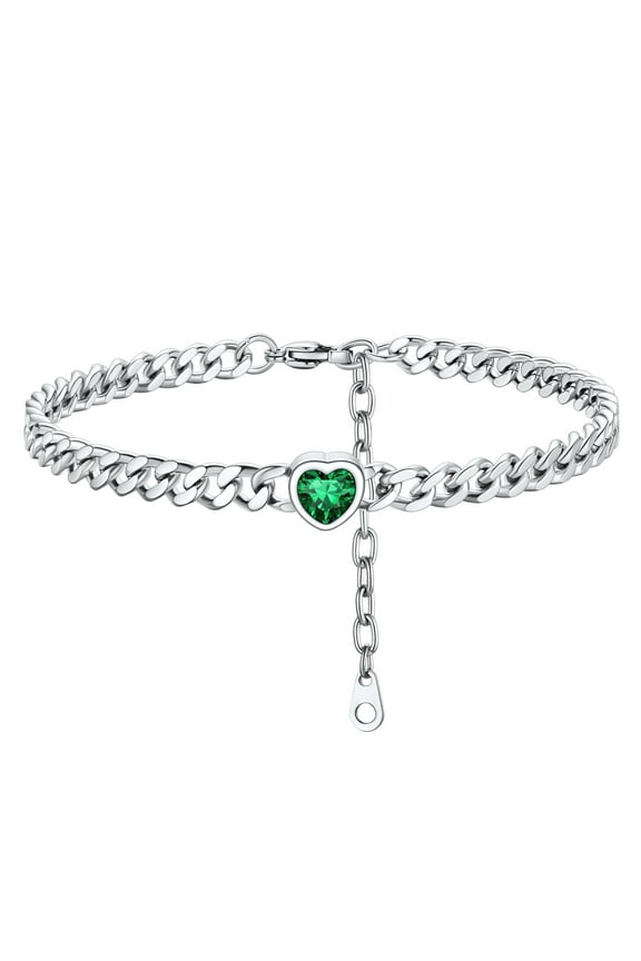 Heart Shaped Birthstone Ankle Bracelets for Women Silver Waterproof Anklets Stainless Steel Jewelry Gift, May