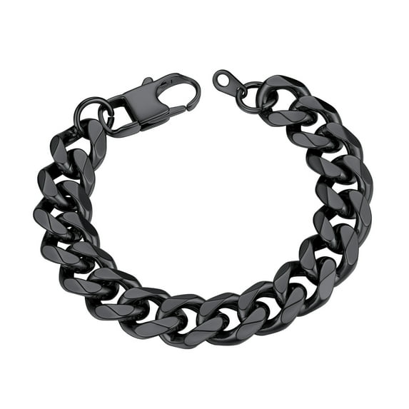 ChainsHouse Trendy Black Cuban Link Bracelets for Women Men 12mm Waterproof Chain Bracelet Jewelry Gift, 7.5inch