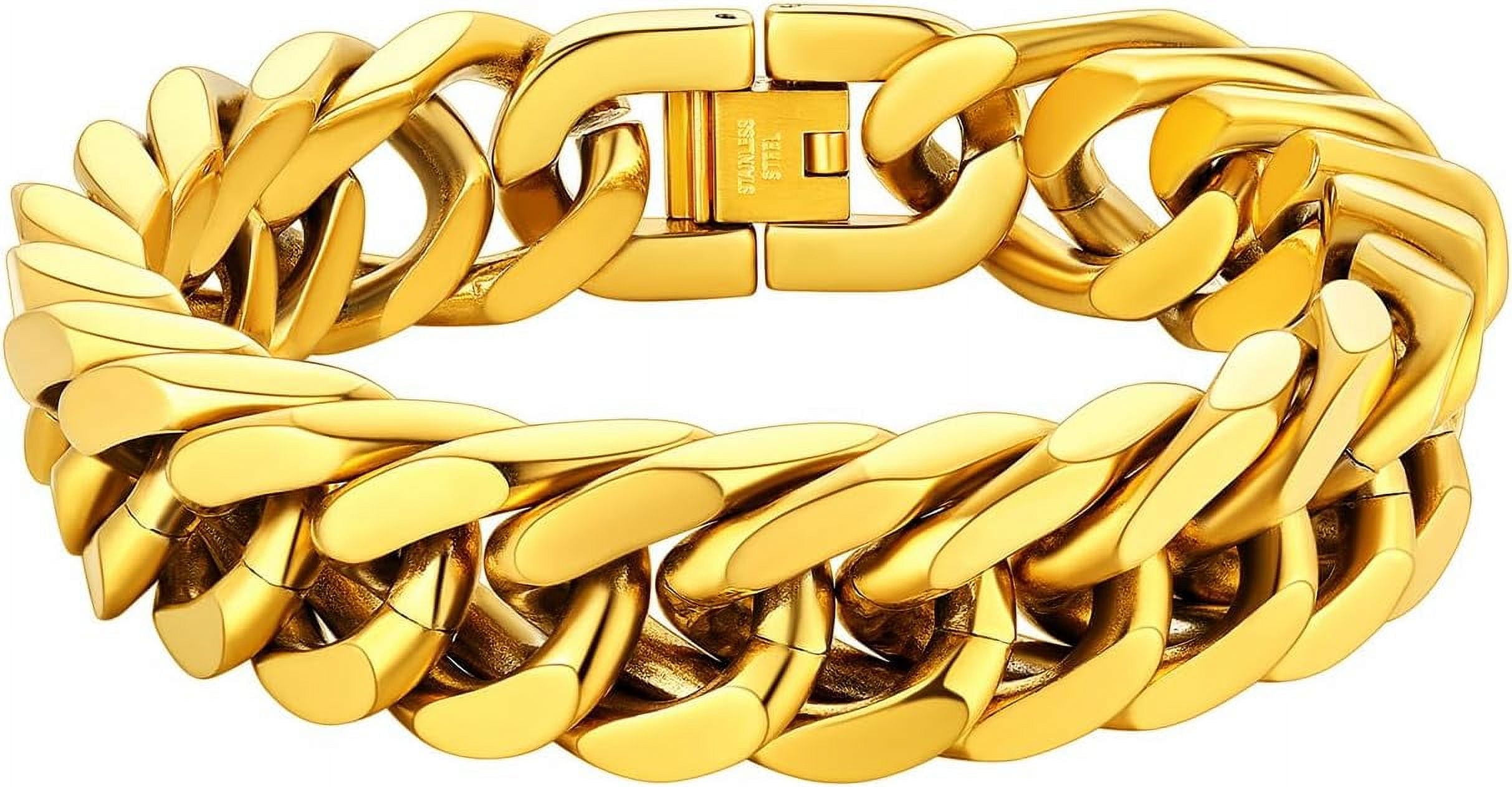 ChainsHouse 14k Gold Plated Cuban Link Bracelet for Men Chunky 8mm/12mm/17mm Width Men's Chain Bracelets Stainless Steel Punk Jewelry Gift