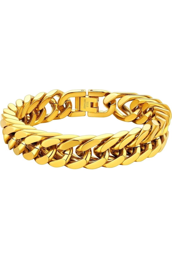 14k Gold Plated Cuban Link Bracelet for Men Chunky 8mm/12mm/17mm Width Men's Chain Bracelets Stainless Steel Punk Jewelry Gift