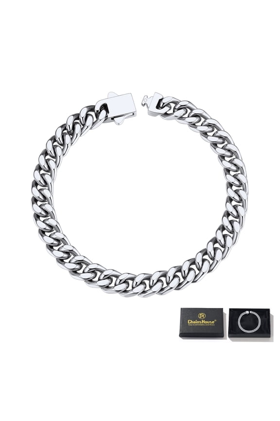 "ChainsHouse Stainless Steel Hypoallergenic Cuban Link Chain Bracelet for Men, Silver, 5mm/7mm/9mm/12mm Width, 7.5"""