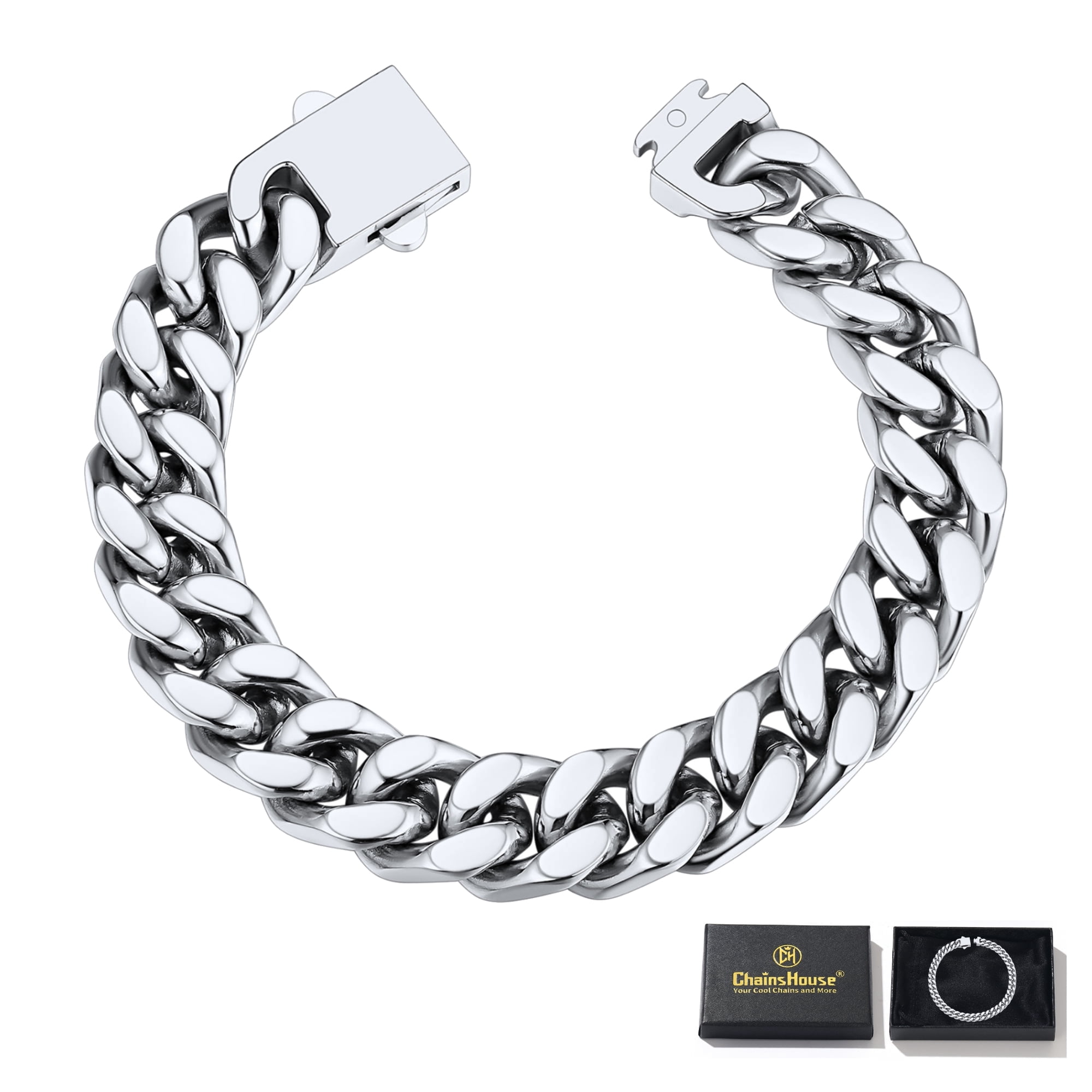 ChainsHouse Cuban Link Bracelet for Men 12mm Thick Stainless Steel Chain Bracelets with Gift Box 7.5 inch Heavy Duty Hip Hop Jewelry Birthday Gifts for Him
