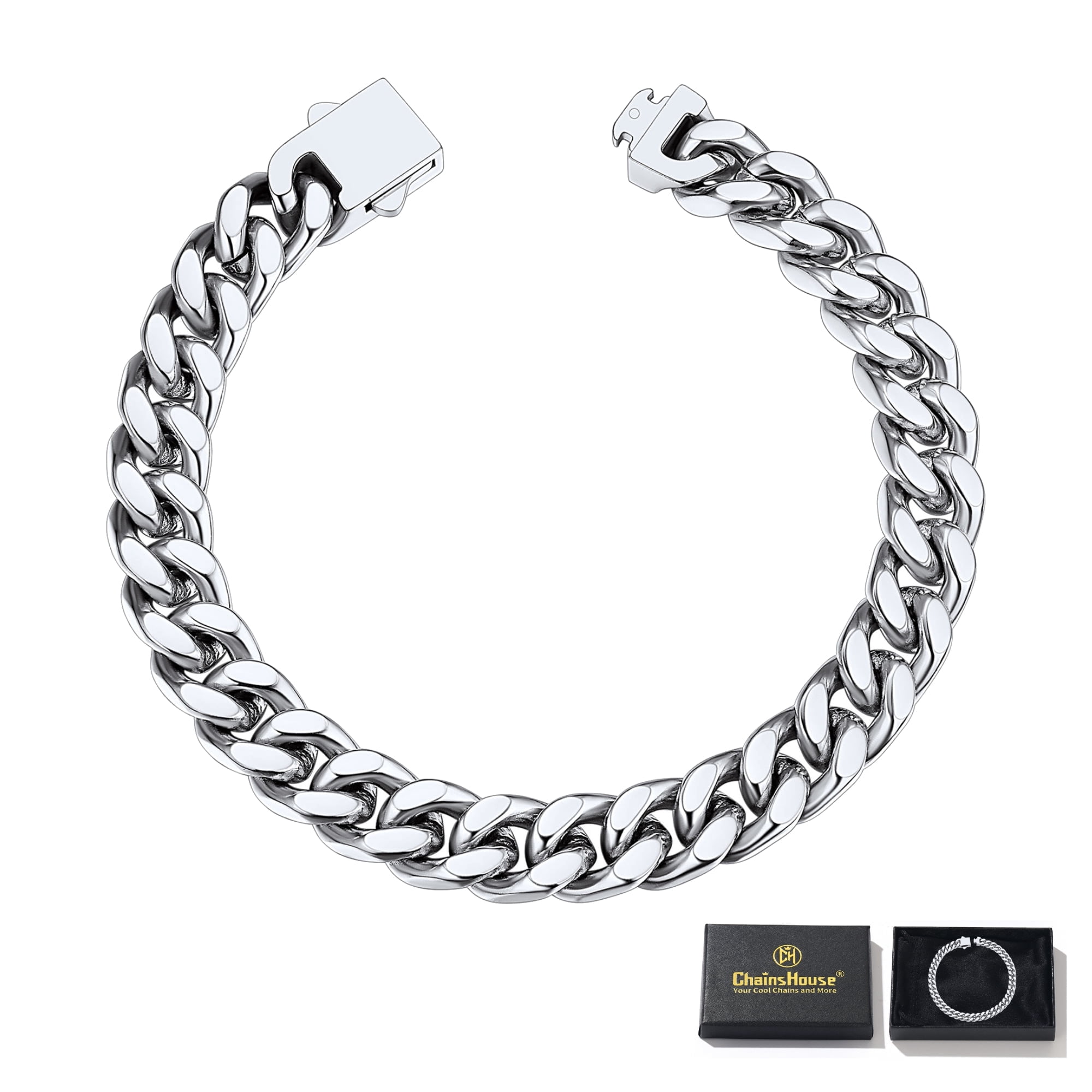 ChainsHouse Cuban Link Bracelet for Men 9mm Thick Stainless Steel Chain Bracelets with Gift Box 7.5 inch Hip Hop Birthday Christmas Jewelry Gifts for Him